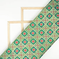 Peacock Green And Red Traditional Pattern Zari Jacquard Banarasi Taffeta Silk Fabric