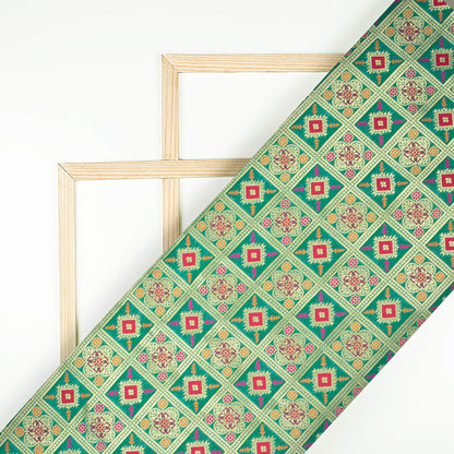 Peacock Green And Red Traditional Pattern Zari Jacquard Banarasi Taffeta Silk Fabric