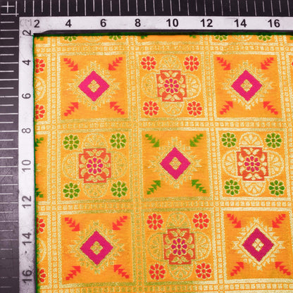 Yellow And Fuchsia Traditional Pattern Zari Jacquard Banarasi Taffeta Silk Fabric