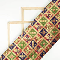 Maroon And Navy Blue Checks Pattren Zari Jacquard Banarasi Taffeta Silk Fabric