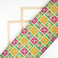 Green And Magenta Pink Checks Pattren Zari Jacquard Banarasi Taffeta Silk Fabric