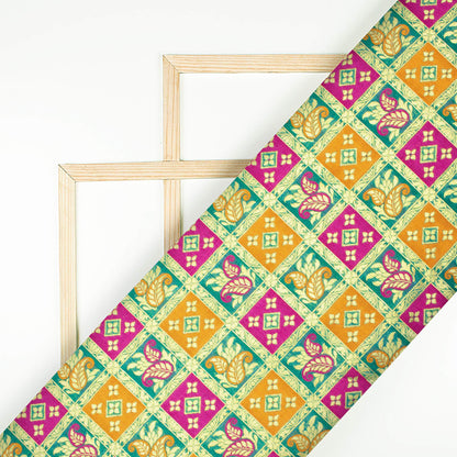 Green And Magenta Pink Checks Pattren Zari Jacquard Banarasi Taffeta Silk Fabric
