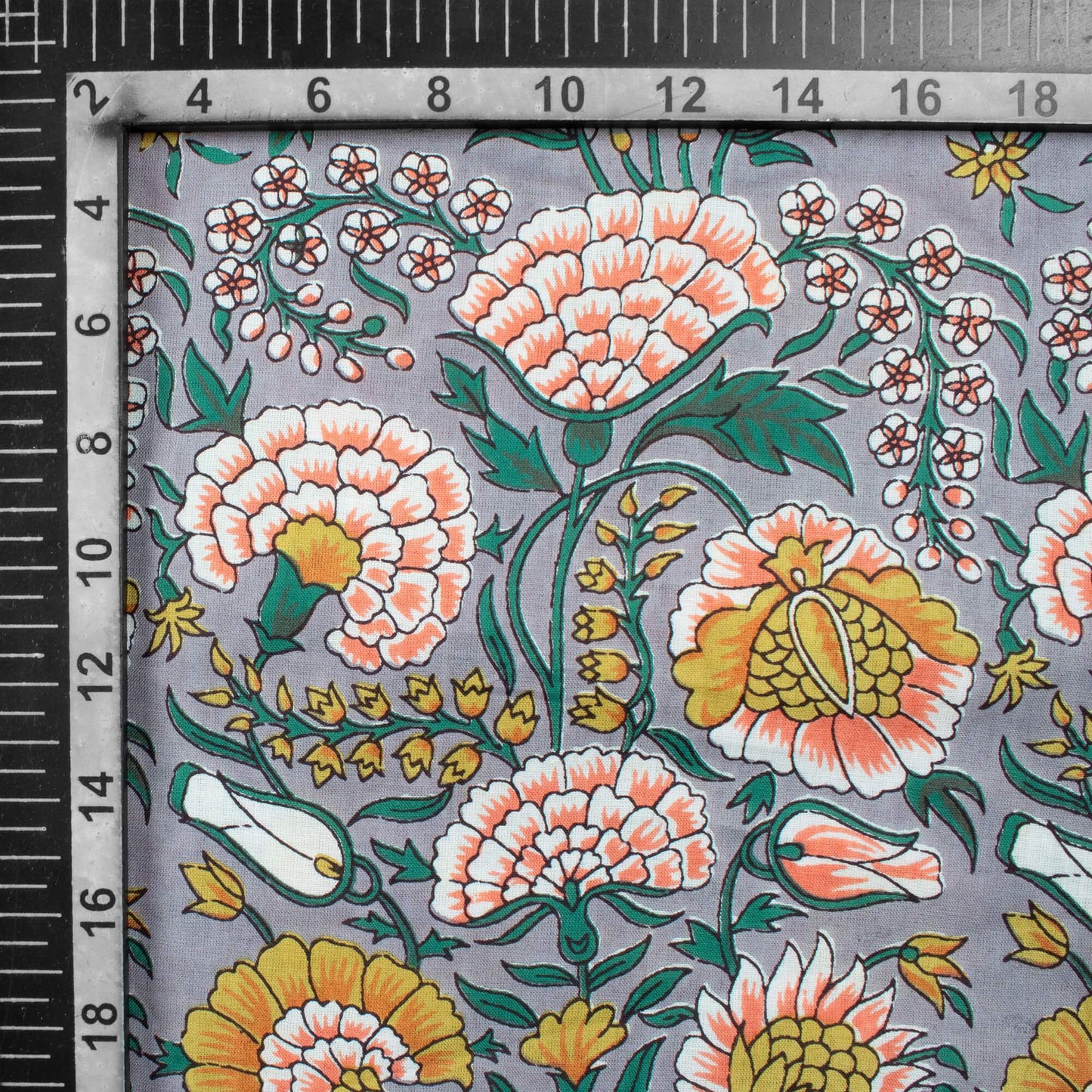 (Cut Piece 1.2 Mtr) Lava Grey And Peach Floral Pattern Screen Print Cotton Cambric Fabric