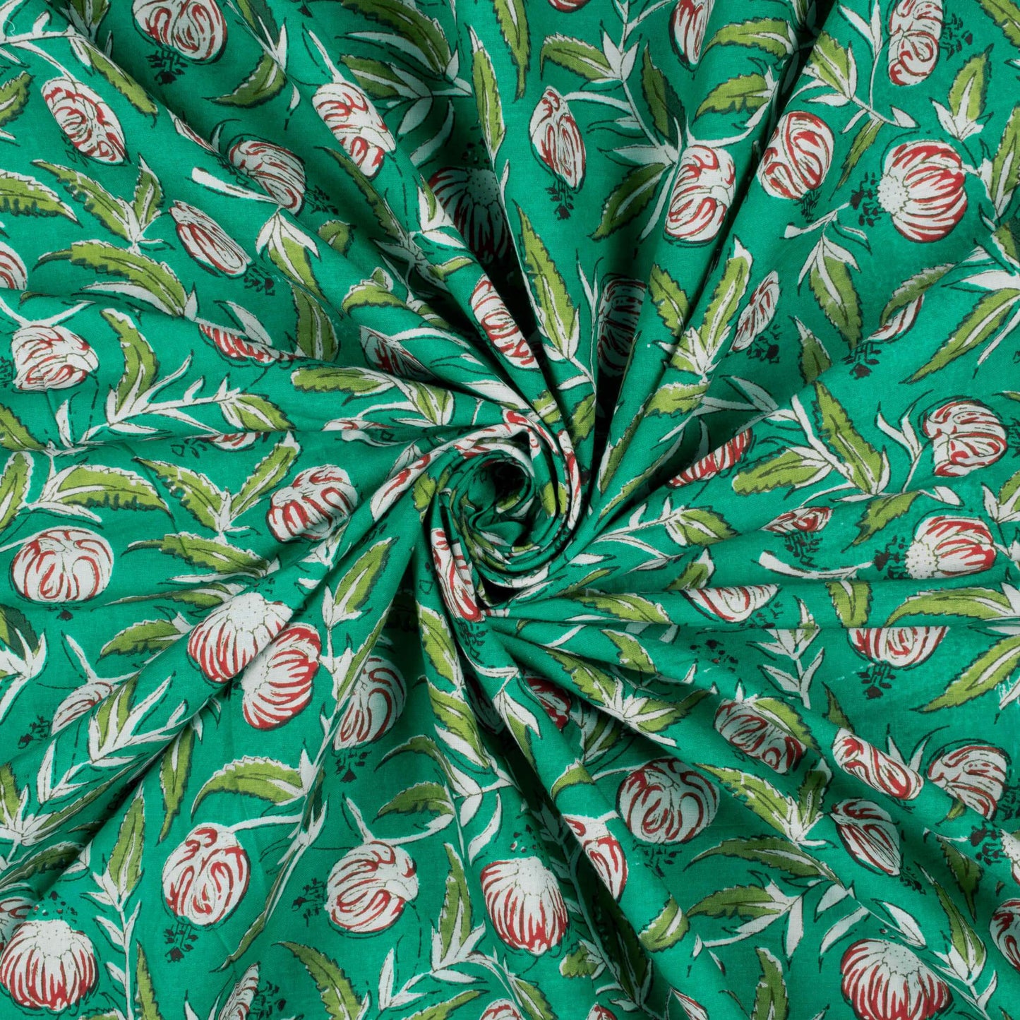 (Cut Piece 1.6 Mtr) Spring Green And Red Floral Pattern Screen Print Cotton Cambric Fabric