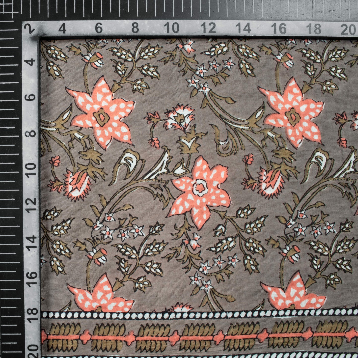 (Cut Piece 1 Mtr) Charcoal Grey And Baby Pink Floral Pattern Screen Print Cotton Cambric Fabric