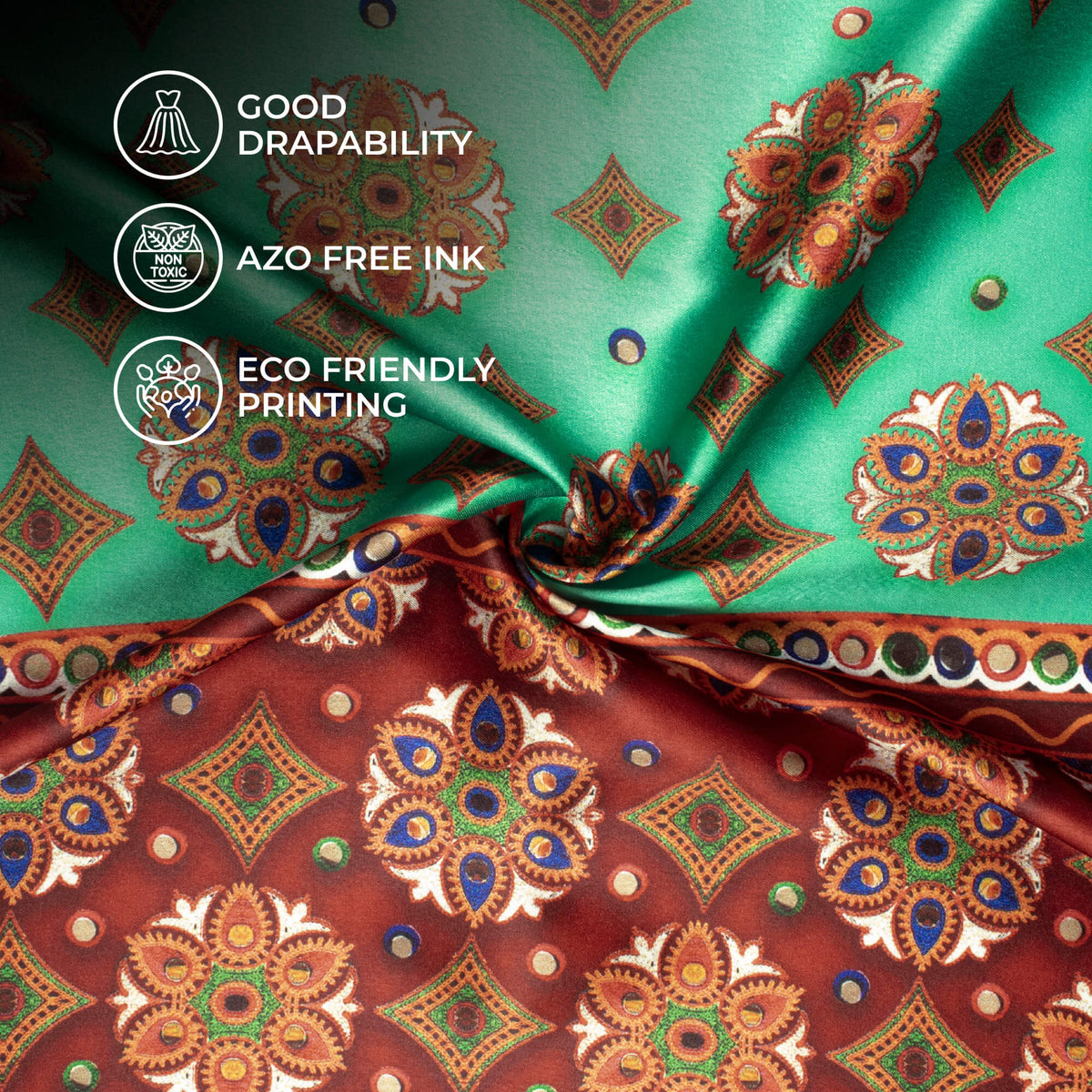 Aqua Green And Maroon Gamthee Pattern Digital Print Japan Satin Fabric