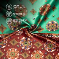 Aqua Green And Maroon Gamthee Pattern Digital Print Japan Satin Fabric
