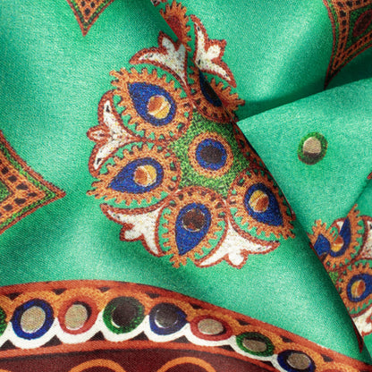 Aqua Green And Maroon Gamthee Pattern Digital Print Japan Satin Fabric