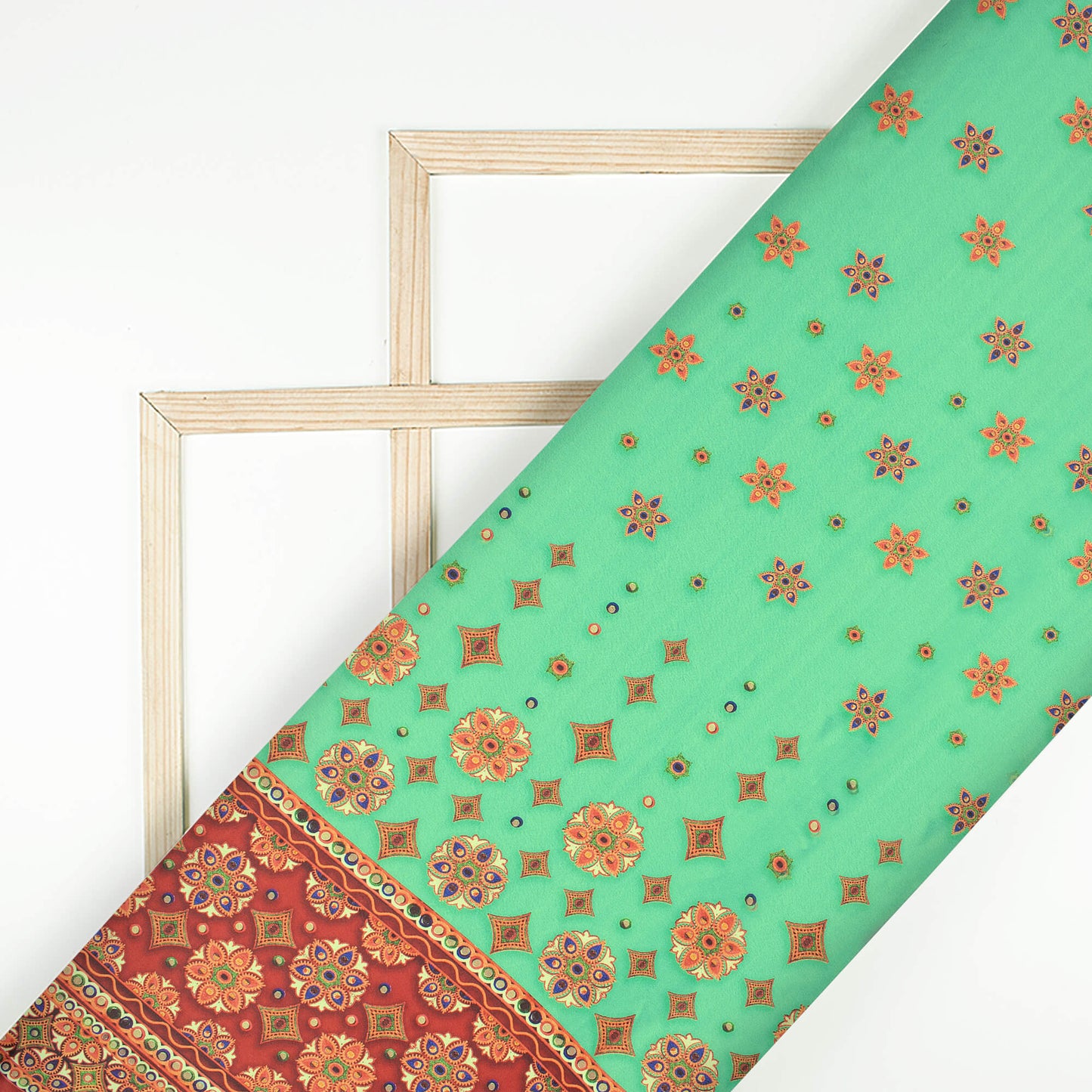 Aqua Green And Maroon Gamthi Pattern Digital Print Japan Satin Fabric