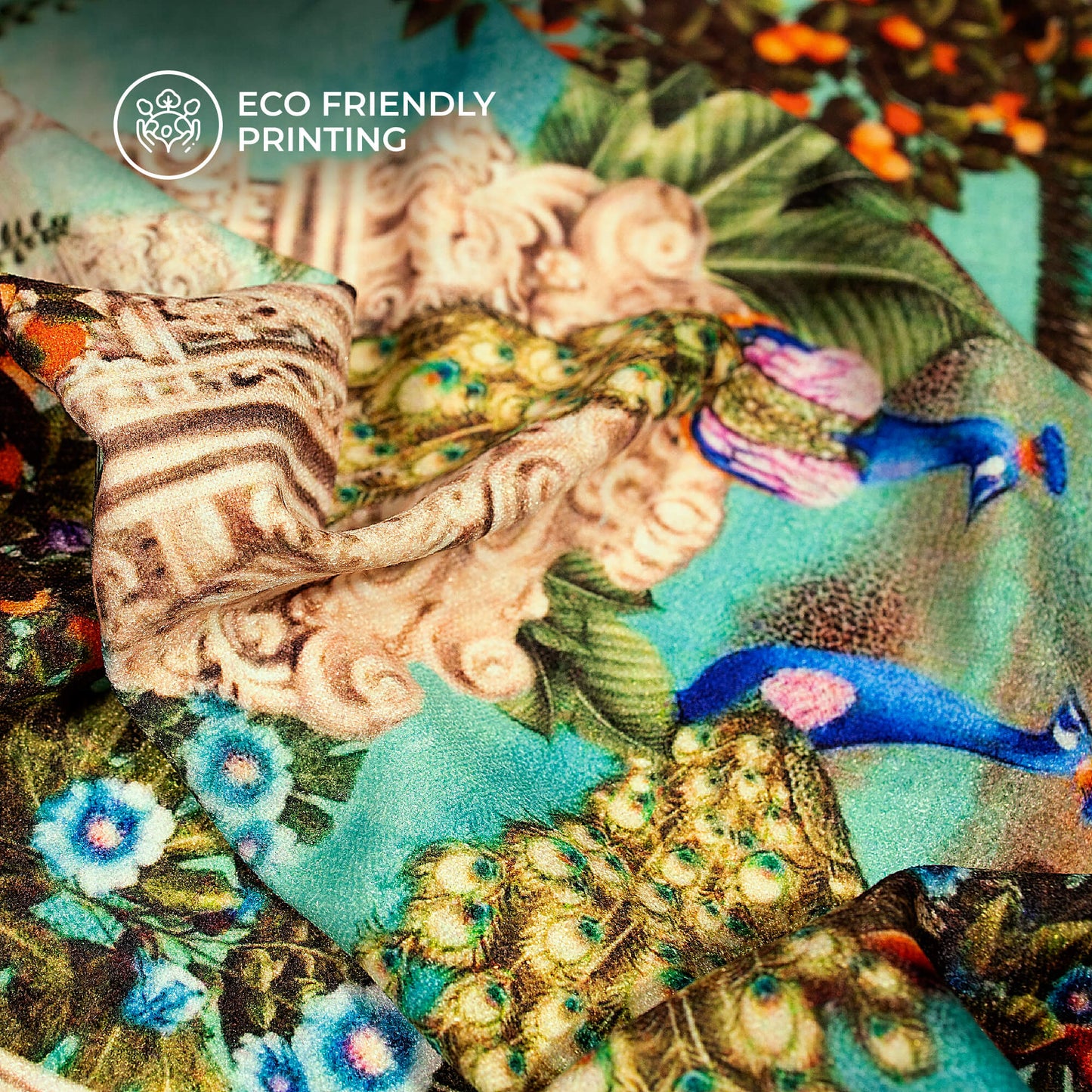 Indian Peacock Madhubani Digital Print Premium Velvet Fabric