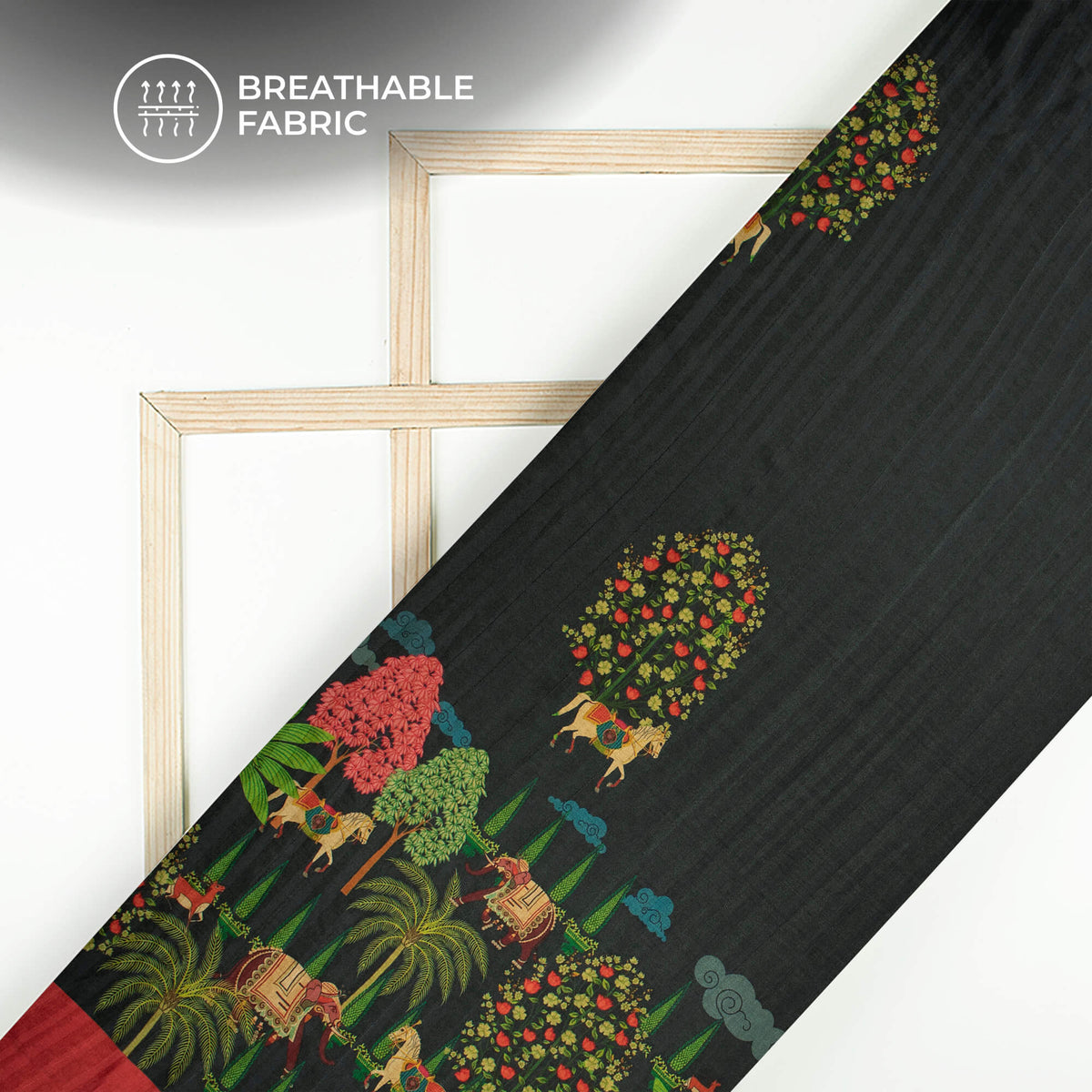Black Traditional Madhubani Printed Art Tusser Silk Fabric