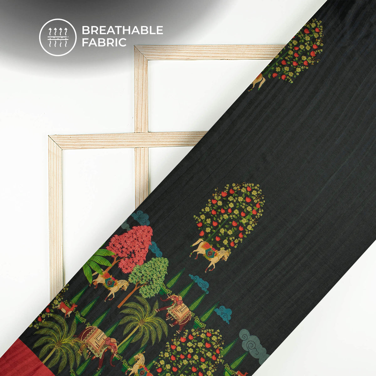 Black Traditional Madhuvanii Printed Art Tusser Silk Fabric