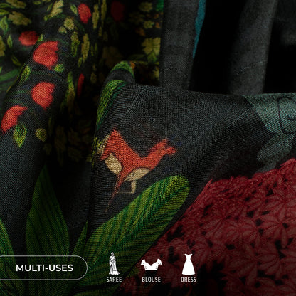 Black Traditional Madhuvanii Printed Art Tusser Silk Fabric