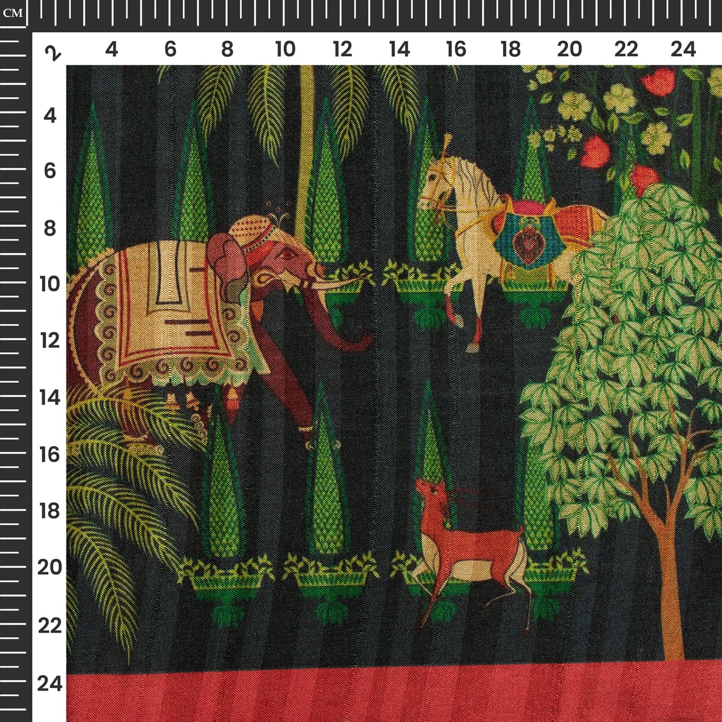 Black Traditional Madhubani Printed Art Tusser Silk Fabric