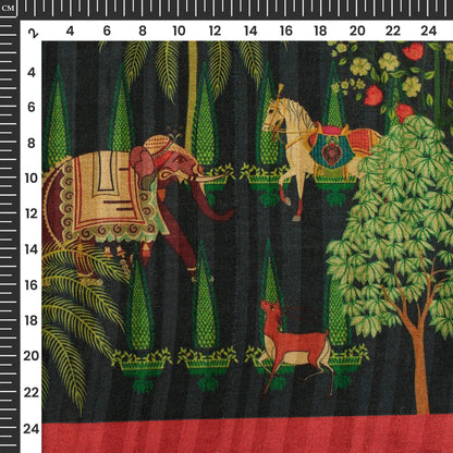 Black Traditional Madhuvanii Printed Art Tusser Silk Fabric