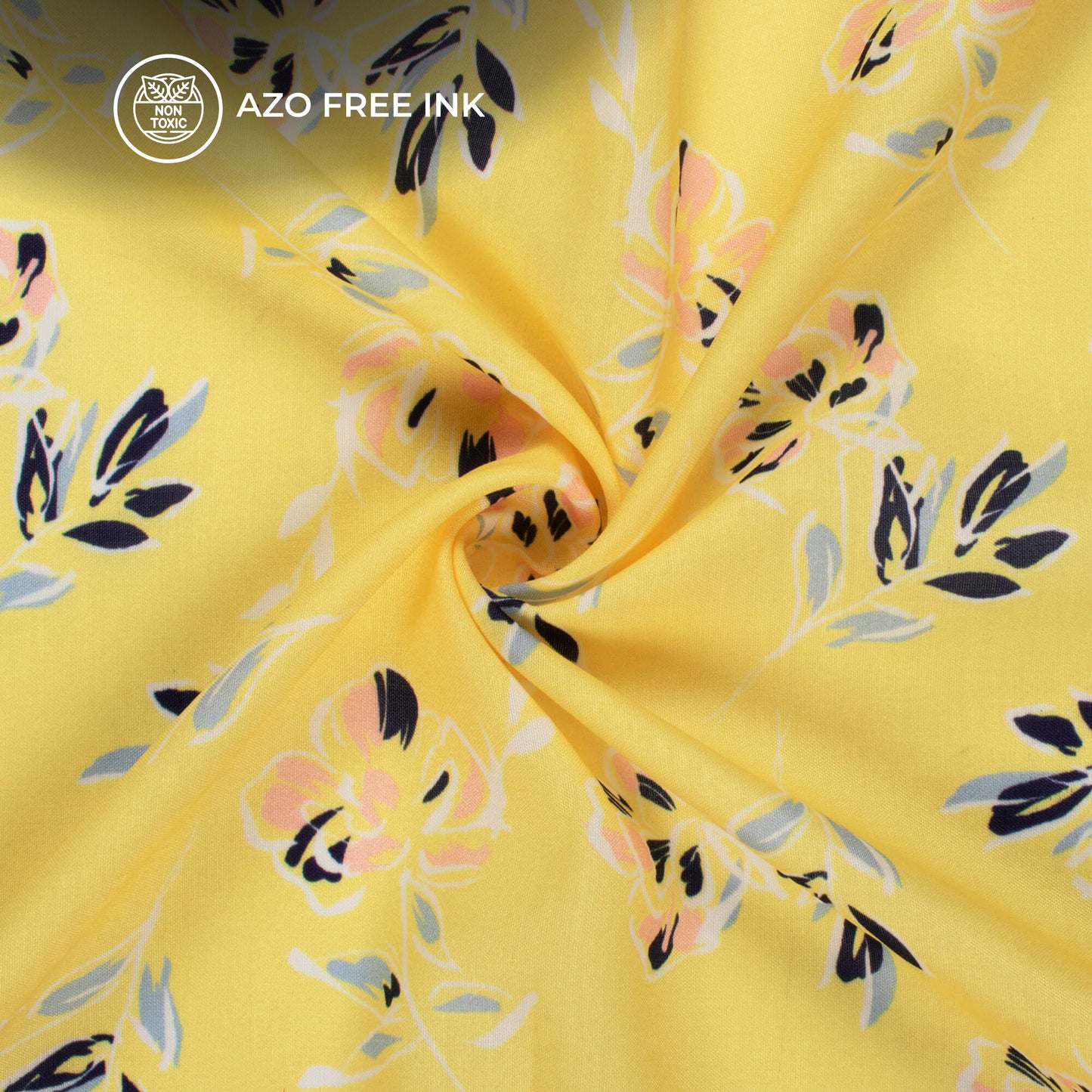 Pastel Yellow And Navy Blue Leaf Pattern Digital Print Muslin Fabric