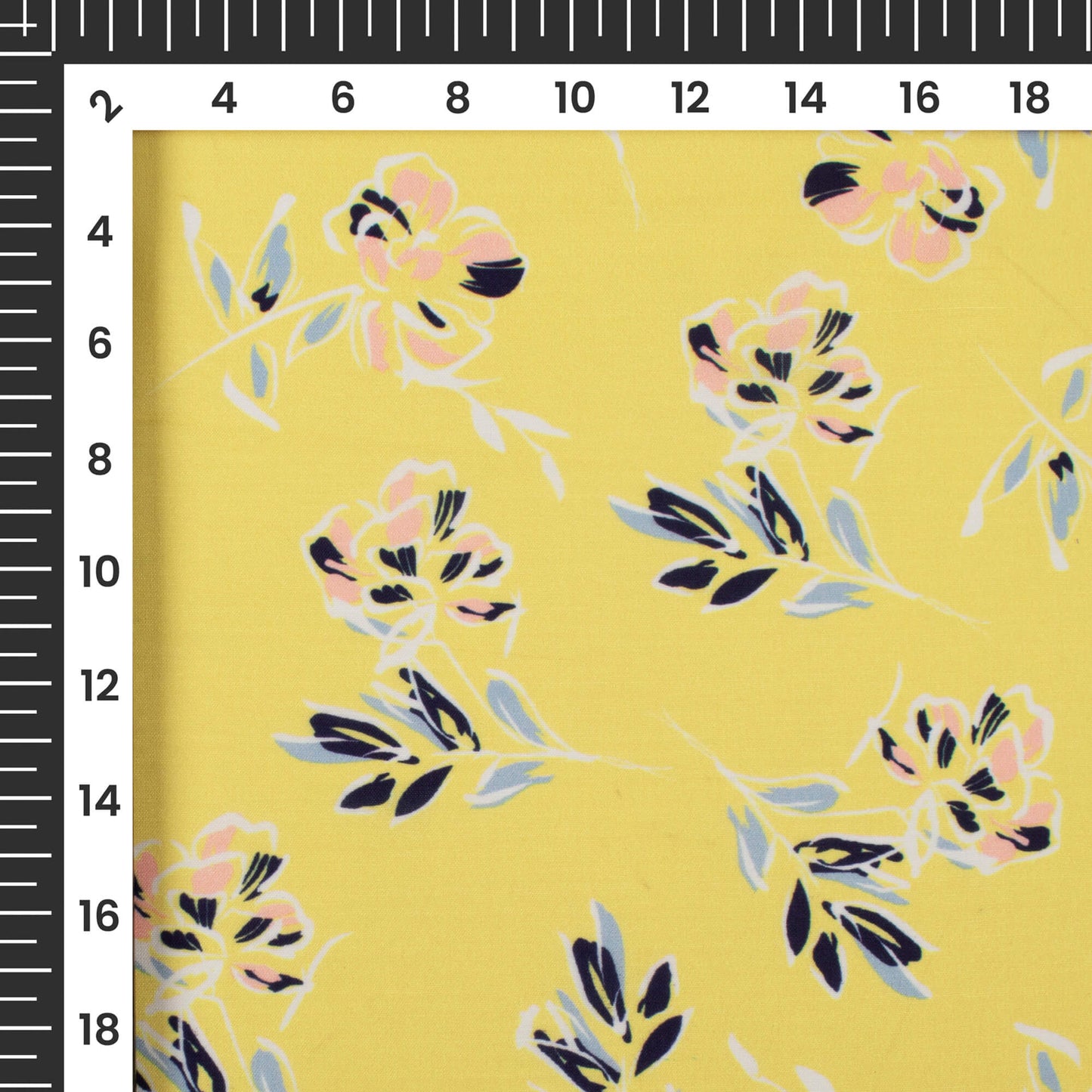 Pastel Yellow And Navy Blue Leaf Pattern Digital Print Muslin Fabric