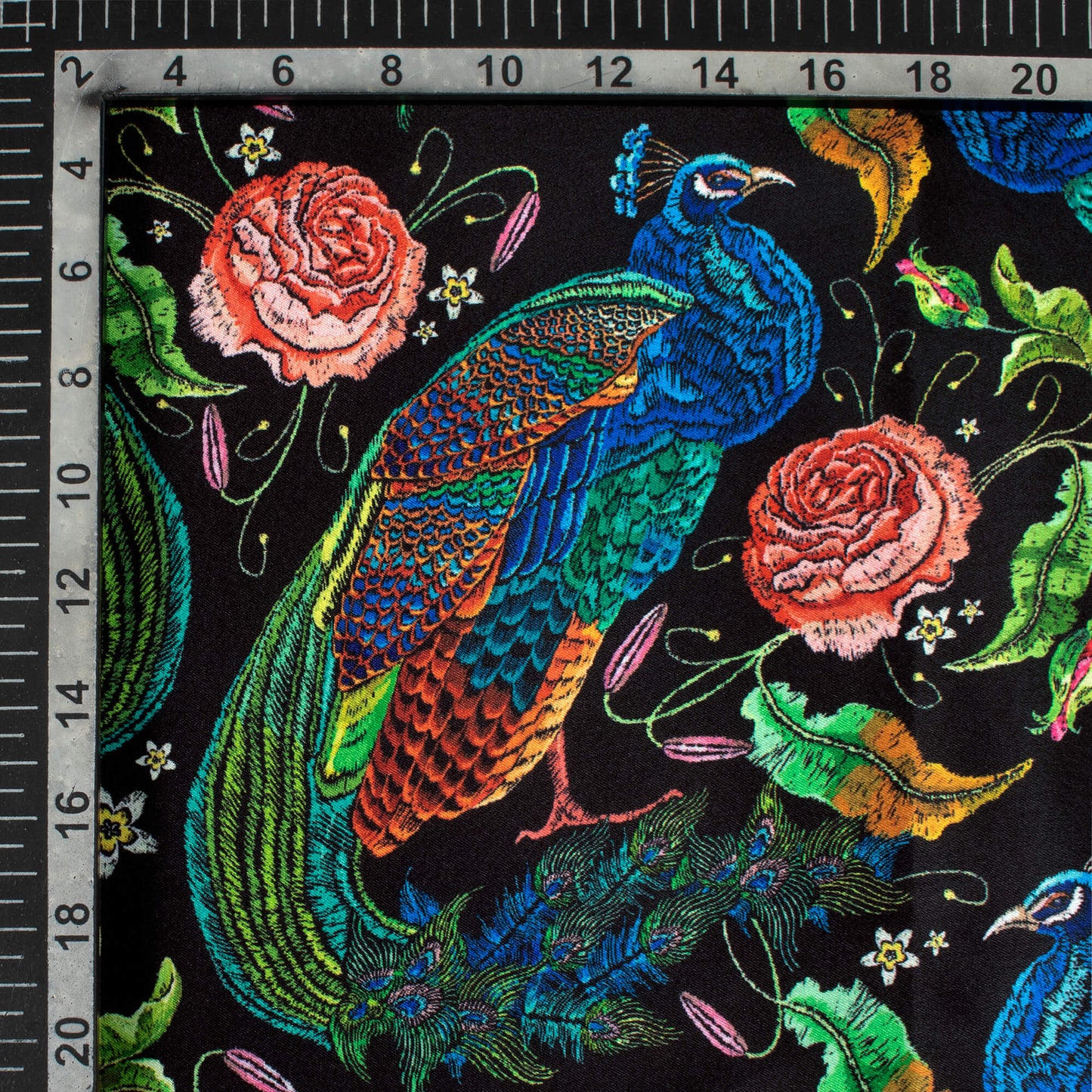 Black And Green Peacock Pattern Digital Print Japan Satin Fabric