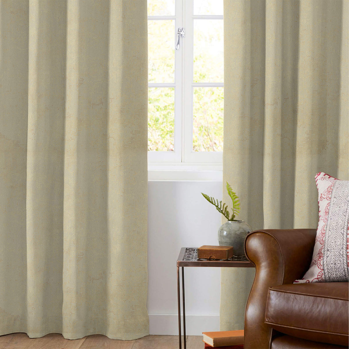 Beige Golden Dots Geometric Pattern Premium Curtain Fabric (Width 54 Inches)