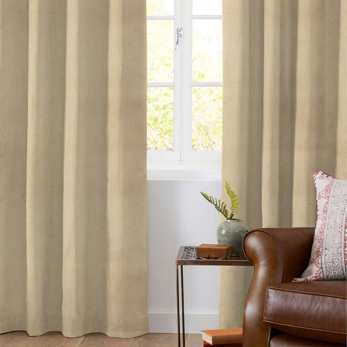 Oat Beige Geometric Pattern Golden Foil Premium Curtain Fabric (Width 54 Inches)
