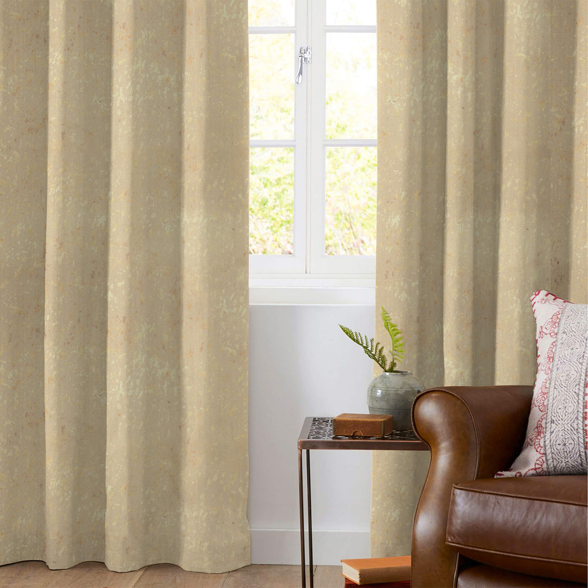 Oat Beige Abstract Pattern Golden Foil Premium Curtain Fabric (Width 54 Inches)
