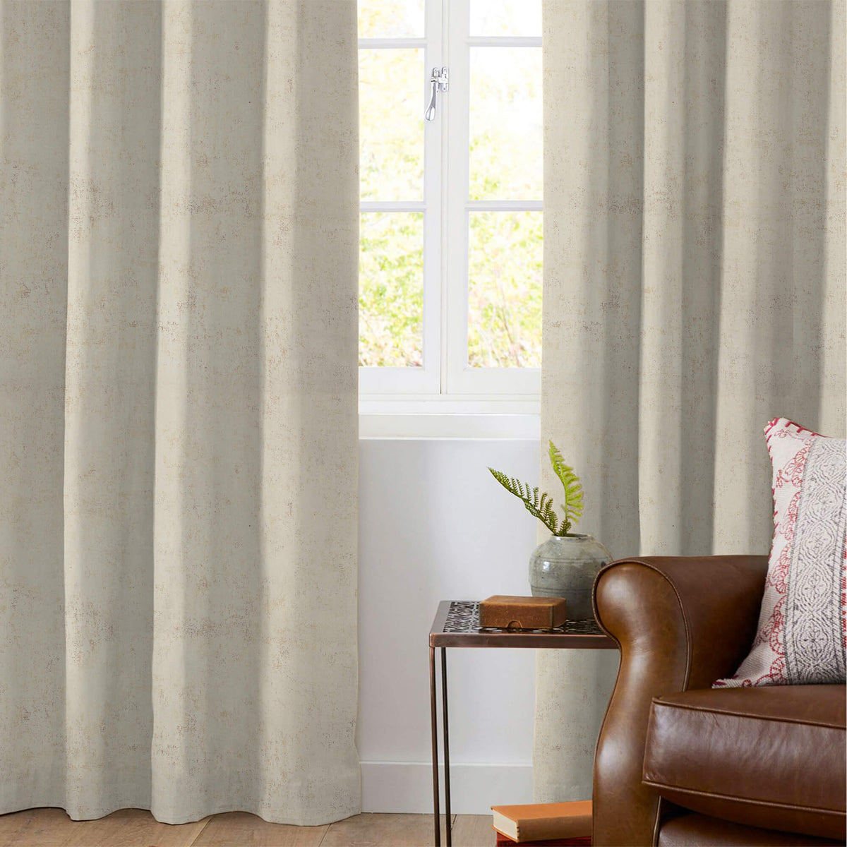 White Geometric Pattern Golden Foil Premium Curtain Fabric (Width 54 Inches)