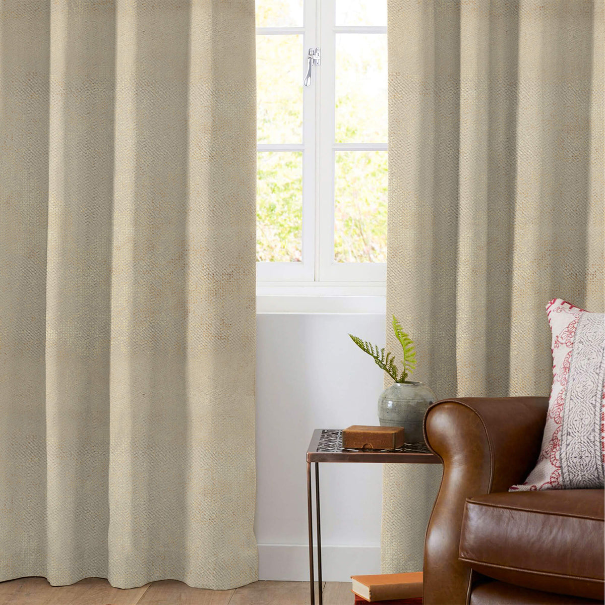 Tan Beige Golden Dots Geometric Pattern Premium Curtain Fabric (Width 54 Inches)