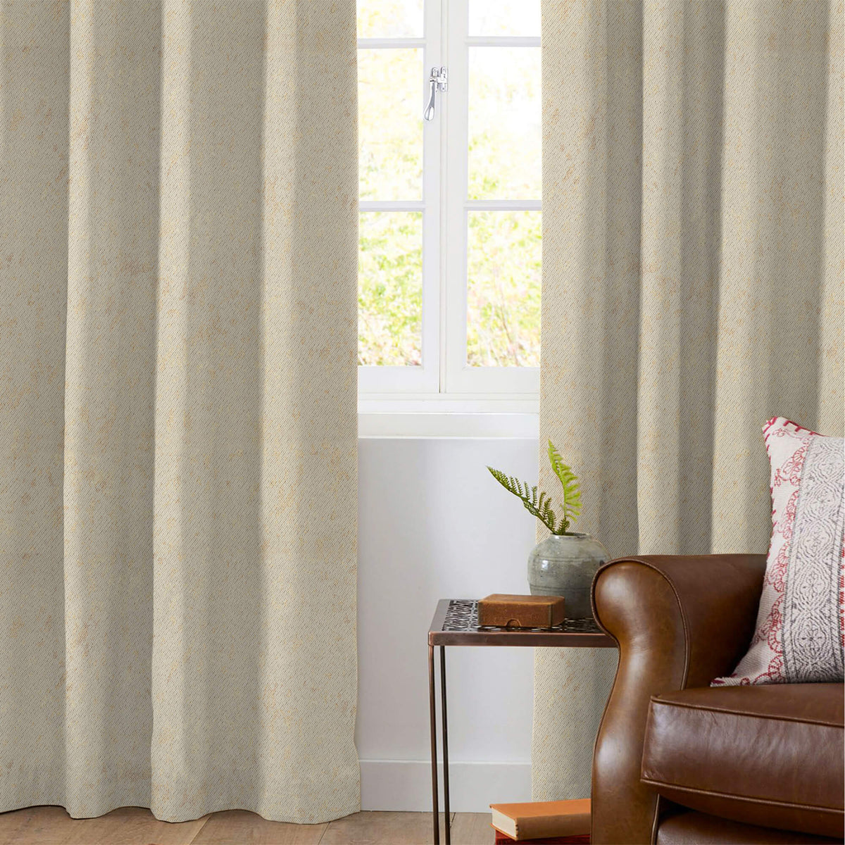 Tan Beige Abstract Pattern Golden Foil Premium Curtain Fabric (Width 54 Inches)