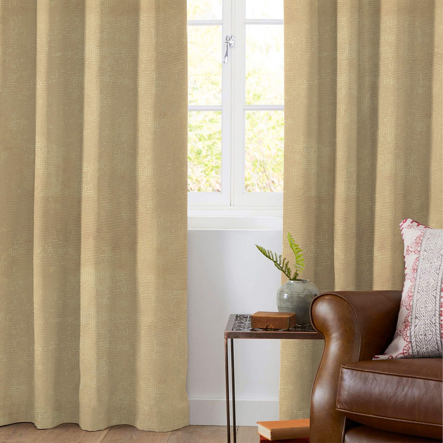 Granola Golden Dots Geometric Pattern Premium Curtain Fabric (Width 54 Inches)