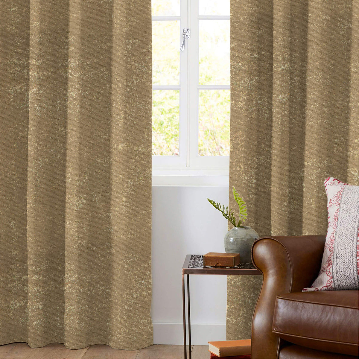 Brown Geometric Pattern Golden Foil Premium Curtain Fabric (Width 54 Inches)
