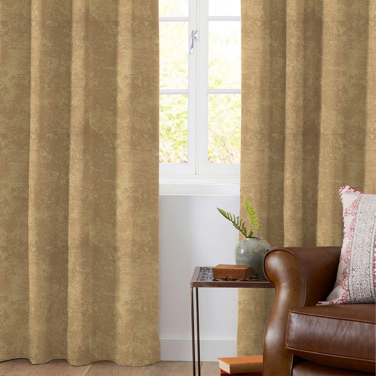 Brown Golden Dots Geometric Pattern Premium Curtain Fabric (Width 54 Inches)