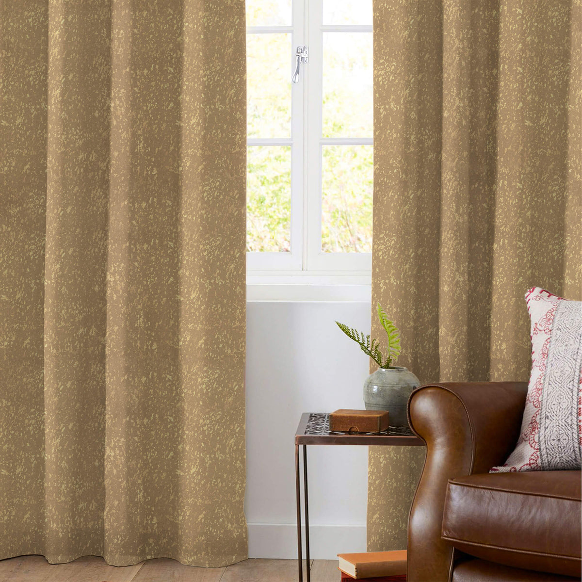Brown Abstract Pattern Golden Foil Premium Curtain Fabric (Width 54 Inches)