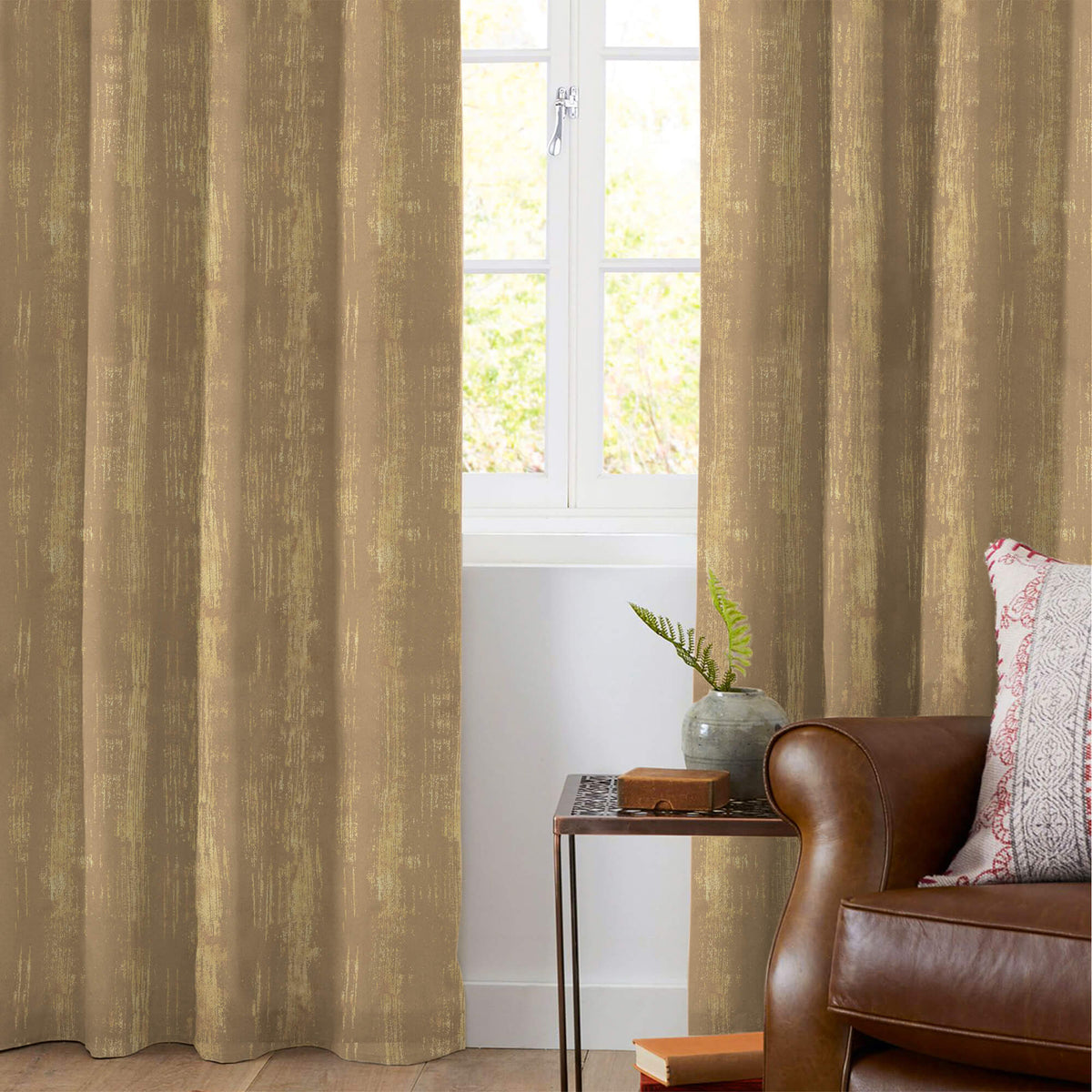 Brown Texture Pattern Golden Foil Premium Curtain Fabric (Width 54 Inches)
