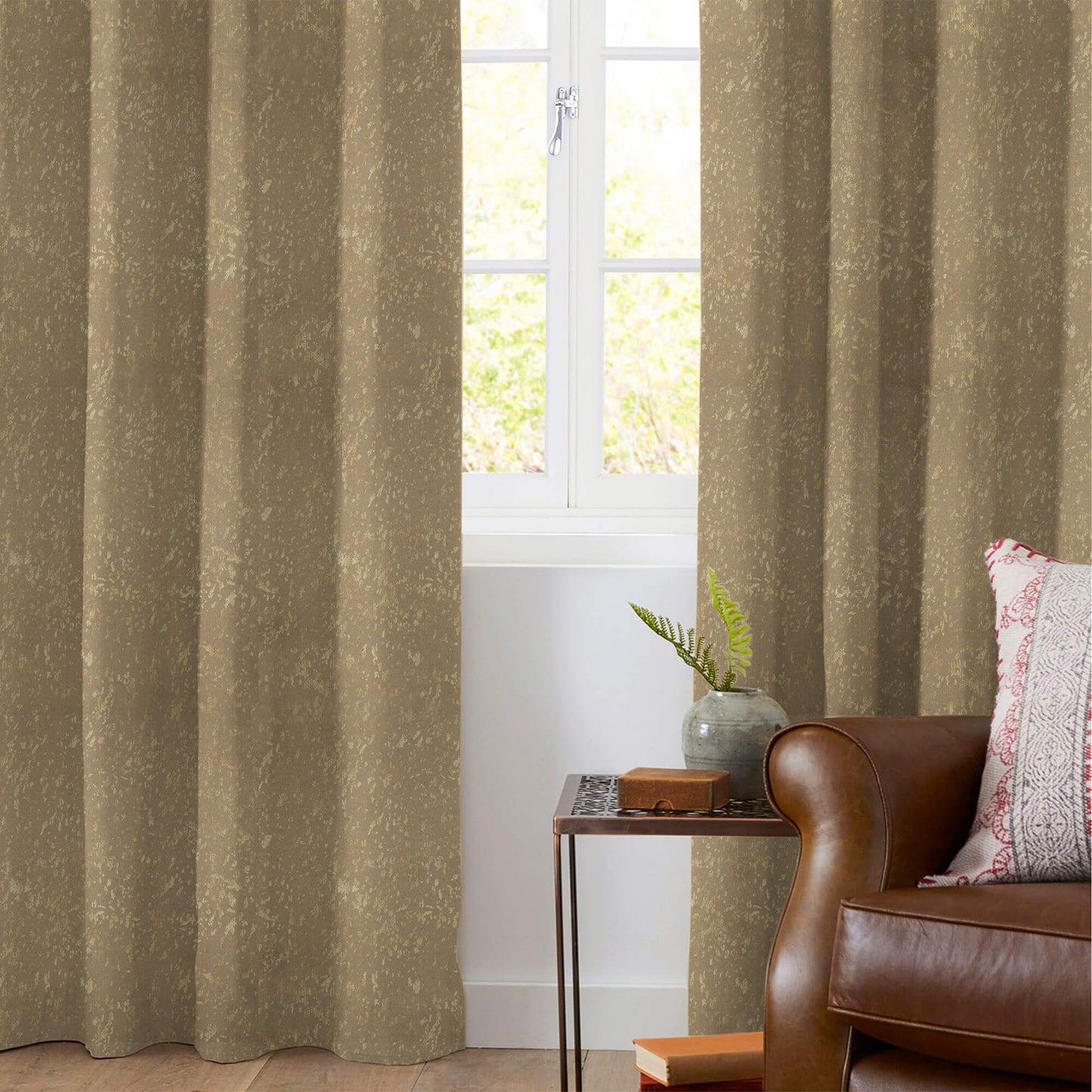 Sandrift Grey Abstract Pattern Golden Foil Premium Curtain Fabric (Width 54 Inches)
