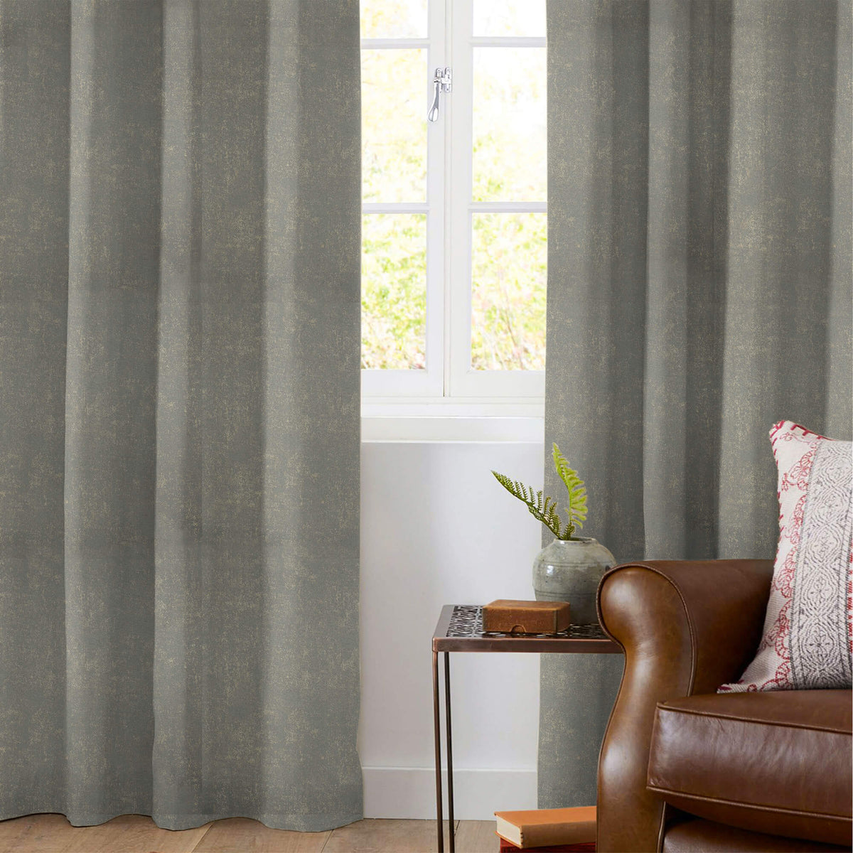 Lead Grey Geometric Pattern Golden Foil Premium Curtain Fabric (Width 54 Inches)