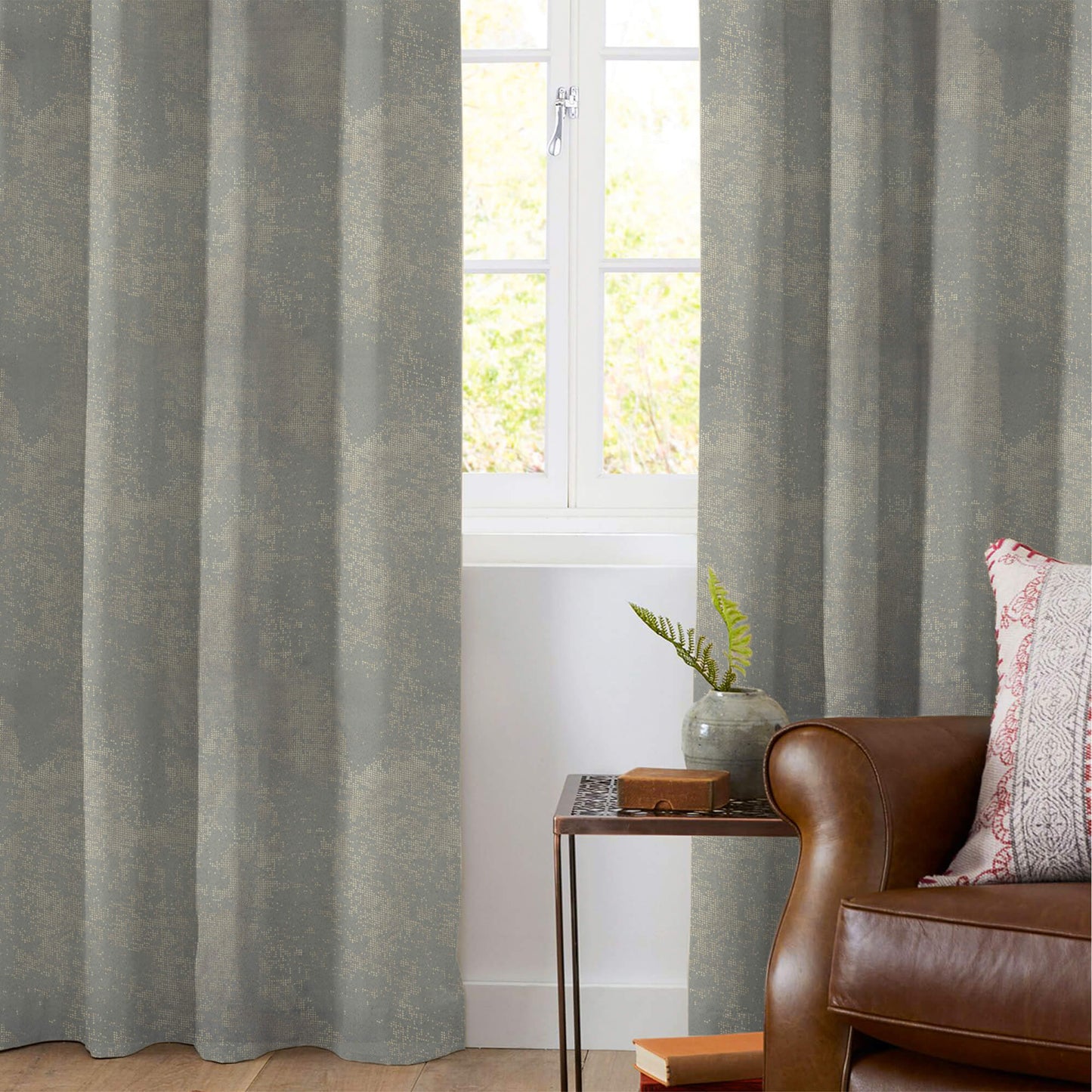 Lead Grey Golden Dots Geometric Pattern Premium Curtain Fabric (Width 54 Inches)