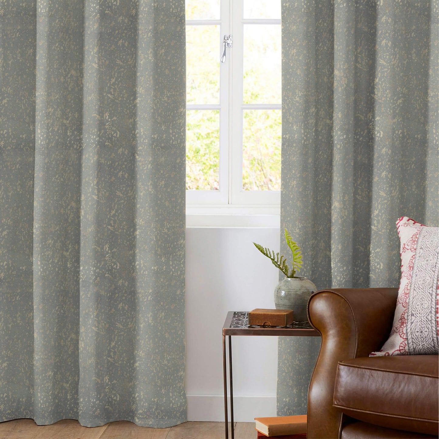 Lead Grey Abstract Pattern Golden Foil Premium Curtain Fabric (Width 54 Inches)