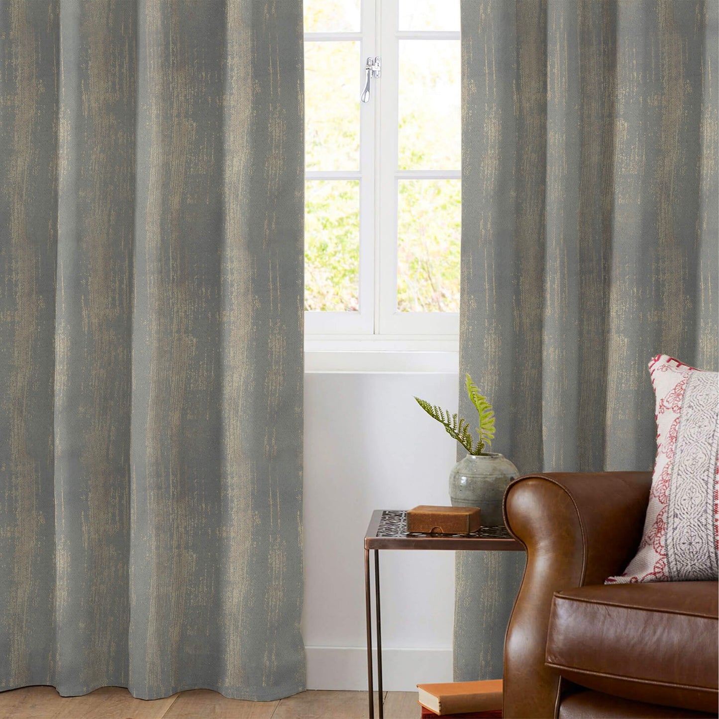 Lead Grey Texture Pattern Golden Foil Premium Curtain Fabric (Width 54 Inches)