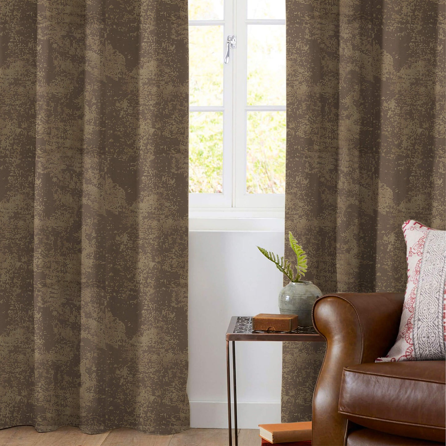 Spice Brown Golden Dots Geometric Pattern Premium Curtain Fabric (Width 54 Inches)