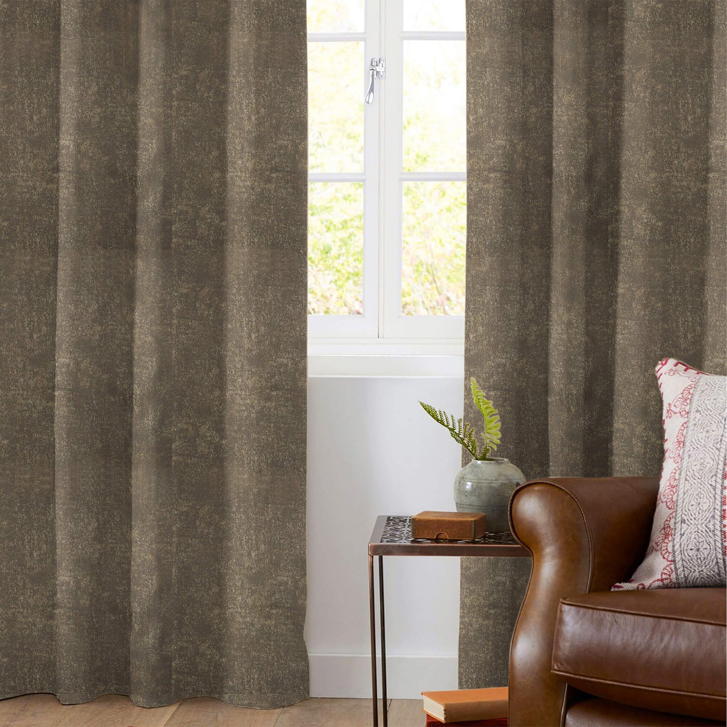 Metallic Brown Geometric Pattern Golden Foil Premium Curtain Fabric (Width 54 Inches)