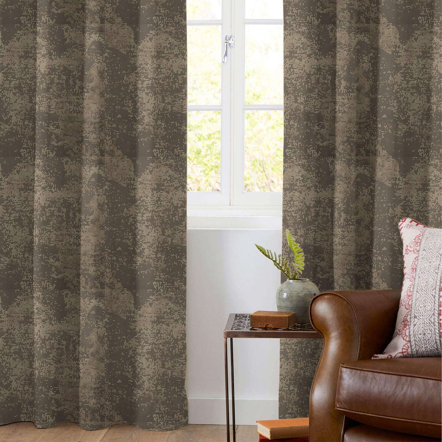 Metallic Brown Golden Dots Geometric Pattern Premium Curtain Fabric (Width 54 Inches)