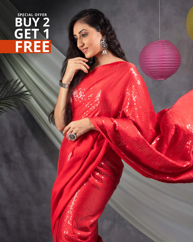 Chilli Red All Over Premium Water Sequins Japan Satin Saree