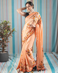 Salmon Peach And Army Green Leaf Pattern Digital Print Crepe Silk Saree With Tassels