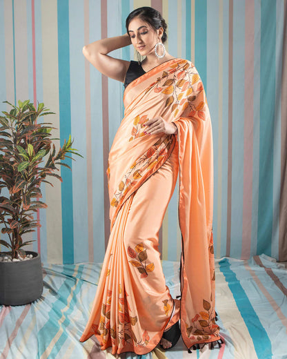 Salmon Peach And Army Green Leaf Pattern Digital Print Crepe Silk Saree With Tassels