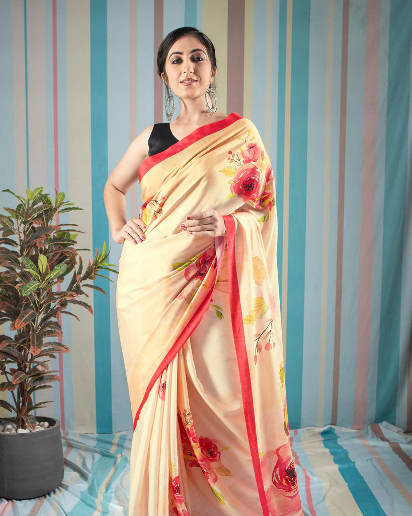Mellow Yellow And Red Floral Pattern Digital Print Crepe Silk Saree With Tassels