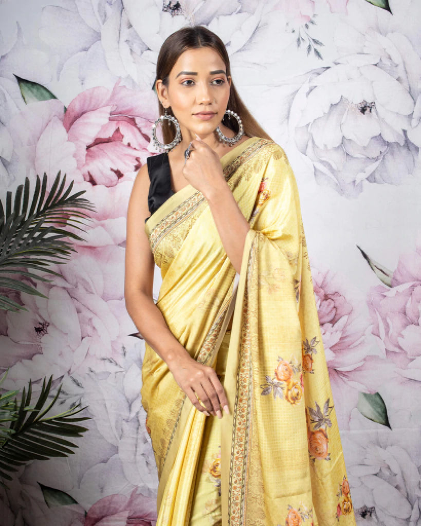 Dijon Yellow And Pink Floral Pattern Digital Print Crepe Silk Saree