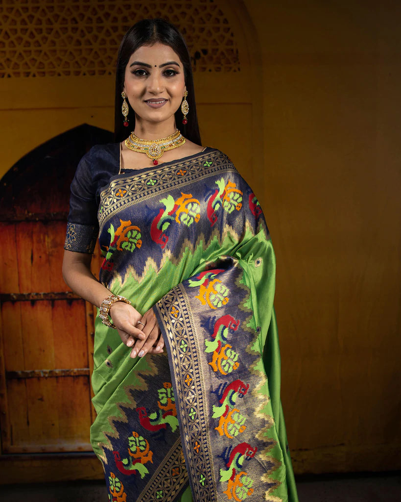 Parakeet Green And Navy Blue Booti Pattern Zari Jacquard Bordered Premium Banarasi Silk Saree With Blouse