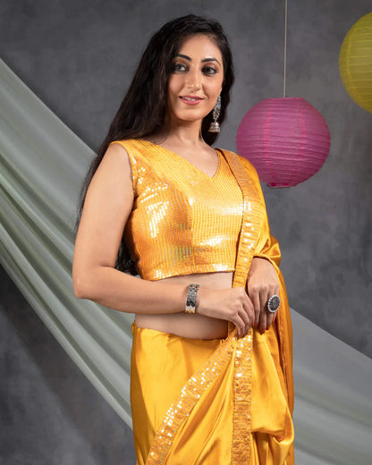 Mustard Yellow Plain Japan Satin Saree With Rainbow Sequins Lace Border