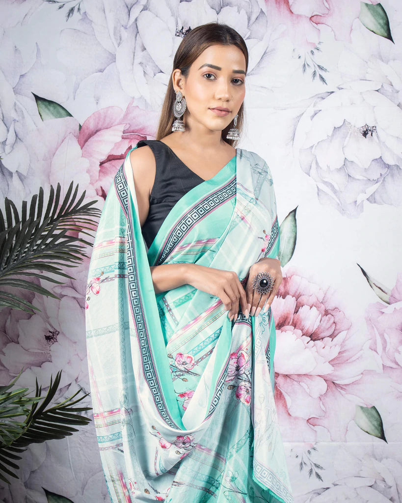 Turquoise And Pink Floral Pattern Digital Print Crepe Silk Saree