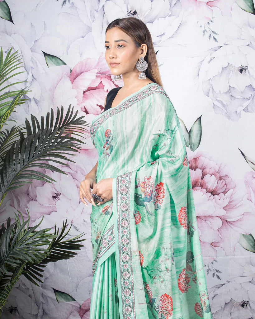 Turquoise And Pink Floral Pattern Digital Print Crepe Silk Saree